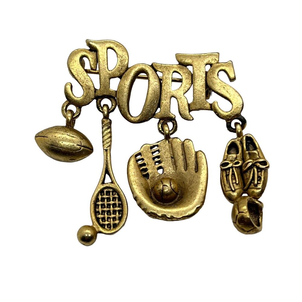 Sports Brooch Pin Tennis Baseball Football Soccer Dangles Signed D Vintage Retro